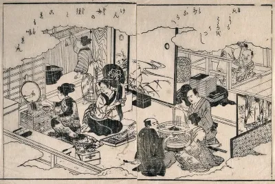 Upstairs at a brothel: a maid combs out a hairpiece while guests play the finger game "ken"