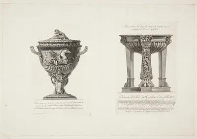 Urne i terracotta, udsmykket med en havhest og et vædderhoved, samt en marmortrefod med vinløv og en spiralsnoet, central støttefod. Urnen er raderet efter Cavalier Ghezzis tegning i Vatikan-biblioteket