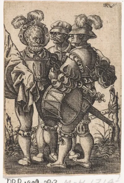 Vaandeldrager, tamboer en een derde man