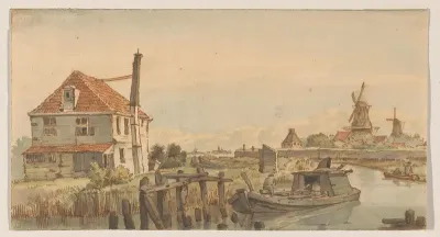 Vaart met een boot, een huis en twee molens