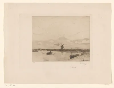 Vaart met roeiboot in weidelandschap met molen