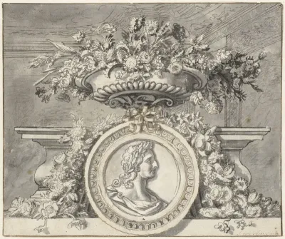 Vaas met bloemen met een medaillon