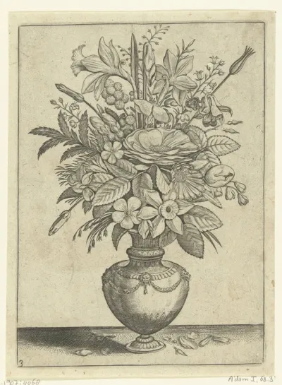 Vaas met bloemen, waaronder trompetnarcissen