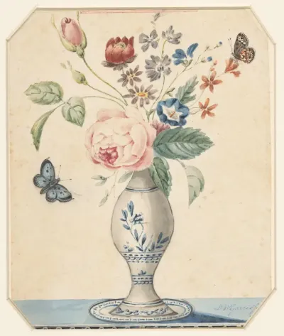 Vaasje met bloemen en een blauwe vlinder
