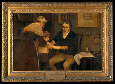 Vaccination: "Dr Jenner performing his first vaccination, 1796"