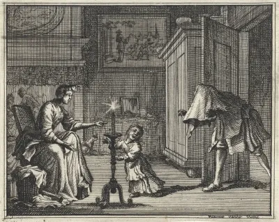 Vader maakt een kind aan het schrikken in een interieur