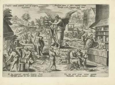 Vader Tijd te midden van scènes met beroepen en bedrijvigheden van de mens