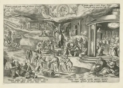 Vader Tijd te midden van scènes met werken van barmhartigheid en christelijke deugden