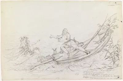 Väinämöinen and the Strange Fish ; Original drawing for "Kalewala, Finsk National-dikt, framställd i teckningar af R.W.Ekman"