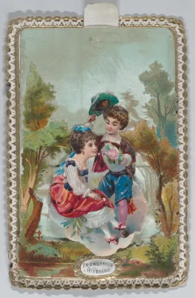 Valentine - Mechanical scene, couple riding in a coach drawn by goats.