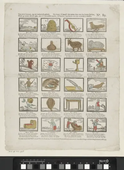 Van al de letters, op de letterlyst gesteld, / Vindt ge onder elk de zaal, die u 't afbeeldsel meldt, / Gy kunt, ô jeugd! dan naam daar van dus leeren spellen; / of leezen, om hierin een nut vermaak te stellen