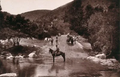 Van Staaden's Pass, South Africa: a river crossing on the Cape Road with horses and wagon