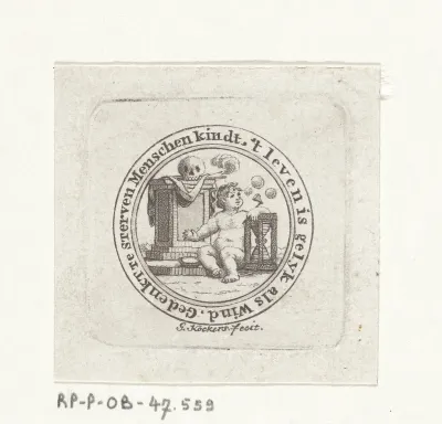 Vanitas met bellen blazend kind, schedel en zandloper