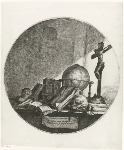Vanitas met globe, crucifix, schedel en boeken