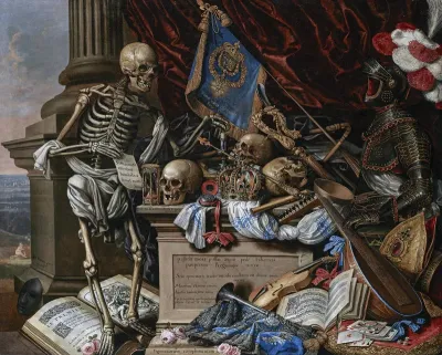 Vanitas Still Life with Musical Instruments, Sheet Music, Books, a Skeleton, Skulls and Armour