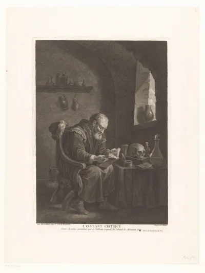 Vanitastafereel met lezende geleerde