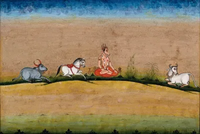 Varaha, a incarnation of Vishnu sitting with two cows and a horse