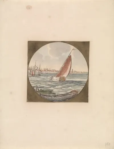 Varend zeilschip op zee en op de voorgrond een sloep