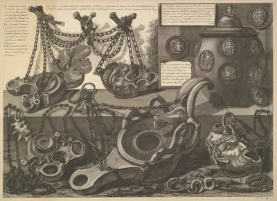 Various Lamps and a vase encusted with cameos, from "Vasi, candelabri, cippi, sarcofagi, tripodi, lucerne, ed ornamenti antichi disegnati ed incisi dal Cav. Gio. Batt. Piranesi" (Vases, candelabra, grave stones, sarcophagi, tripods, lamps and ornamen
