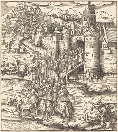 Various Men Kneeling on a Bridge in front of a Town