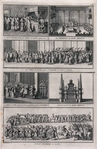 Various rites and cermonies for the burial of a pope, including the catafalque during the funeral and the funeral procession