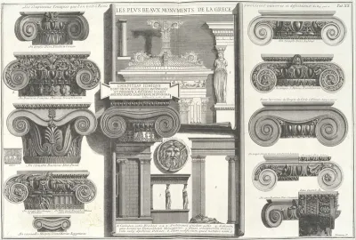Various Roman Ionic capitals compared with Greek examples from Le Roy [S. Maria in Trastevere, S. Paoplo fuori le Mura, S. Clemente, etc.], tab. 20 from "Della Magnificenza e d'Architettura de'Romani" (On the Grandeur and the Architecture of the Roma