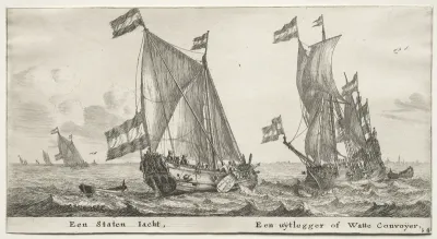 Various Ships and Views of Amsterdam (Verscheÿde Schepen en Gesichten van Amstelredam), Part II:  Dutch Admiralty Yacht.  A Guard Ship