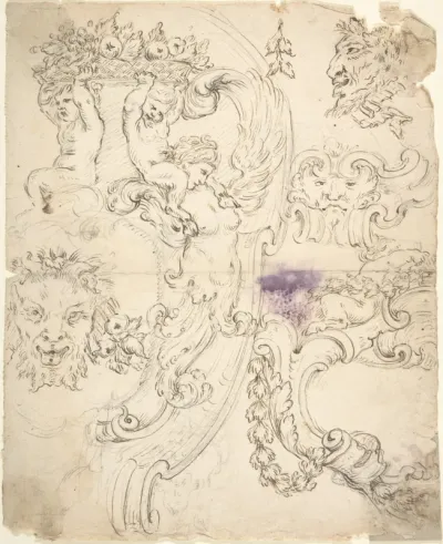 Various Sketches for Cartouches, with Satyr Heads, Putti, etc.