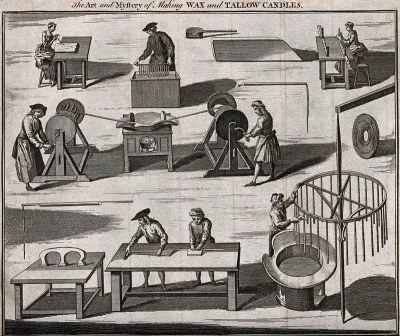 Various stages in the process of candle making and machinery used