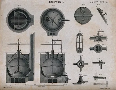 Various unlabelled items of brewing apparatus in horizontal and vertical section