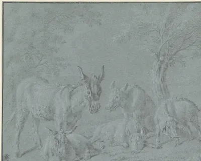 Varkens en ezels onder bomen