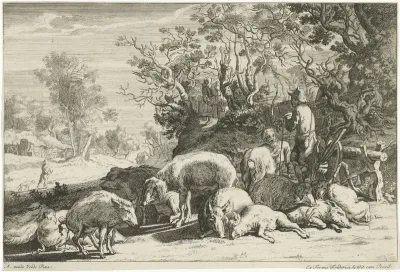Varkenshoeder met kudde varkens