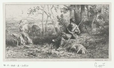 Varkenshoeder met toom varkens onder een boom