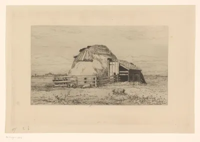 Varkensstal en mesthoop in landschap