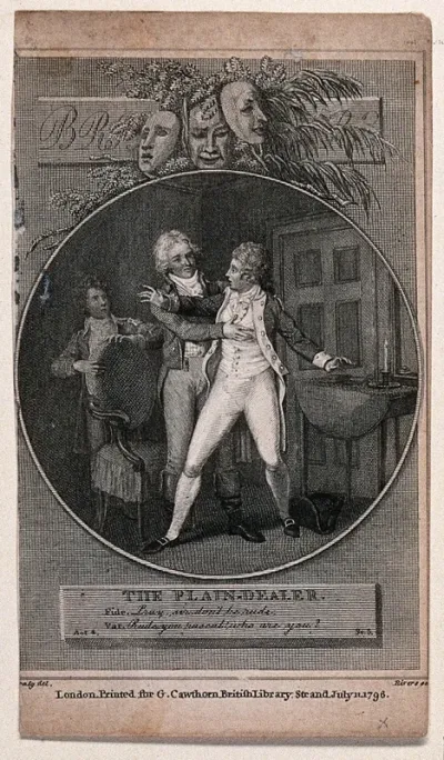 Varnish apprehends Fidelia, disguised as a man, inside his house; a footboy enters to tell him that his coach has arrived