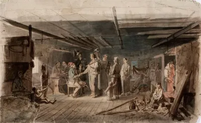 Värväys hämäläisessä talonpoikaistuvassa, luonnos venäläiselle kruununperijälle 1851 maalattuun öljymaalaukseen.