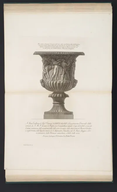 Vase decorated with a Bacchanalian frieze, from "Vasi, candelabri, cippi, sarcofagi, tripodi, lucerne, ed ornamenti antichi disegnati ed incisi dal Cav. Gio. Batt. Piranesi, Vol. II" (Vases, candelabra, grave stones, sarcophagi, tripods, lamps, and o