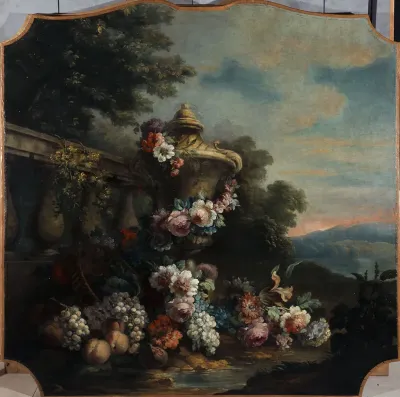 Vase, fleurs, et fruits dans un paysage (P2014-1)