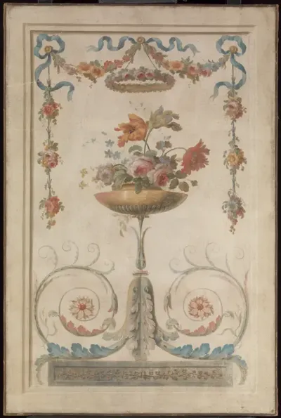 Vase of Flowers Resting on Foliate Scrolls