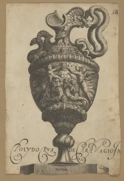 Vase with a monster at center, two cornucopias, and two flanking winged female figures