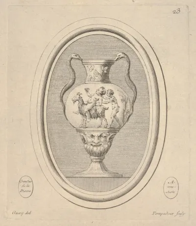 Vase with mask, a nude cup-bearing figure riding a goat followed by a satyr, and reptile handles, an oval composition, from "Suite d'estampes Gravées par Madame la Marquise de Pompadour d'Après les Pierres gravées de Guay Graveur du Roy"