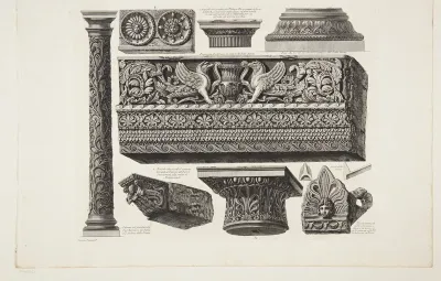 Vaser, kandelabre, gravsten, sarkofager, trefødder, lamper og ornamenter, tegnet og raderet af Cavaliere Giovanni Battista Piranesi