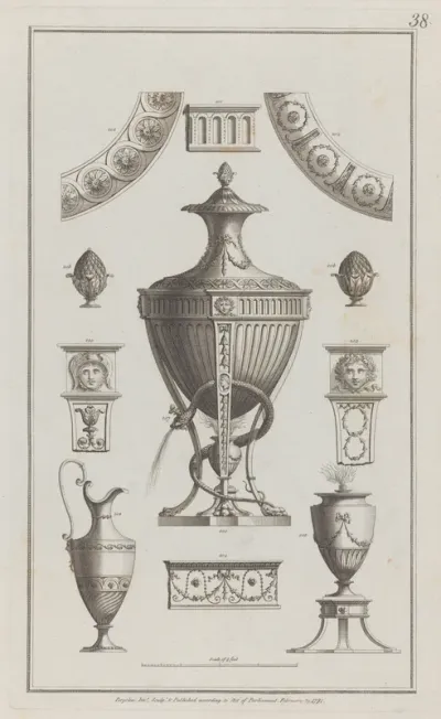 Vases and Ornament Designs, nos. 200-208, plate 38 from "Designs for Various Ornaments"