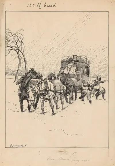 Vastgelopen paardenkoets in de sneeuw