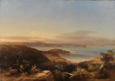 Vaucluse from New South Head Road, looking down onto Vaucluse House, Sydney, 1841 oil painting