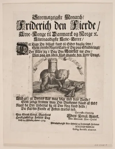 Væbnet elefant, der søndertræder en drage. Blad udsendt 1709 i anledning af Fredrik IV's fødselsdag