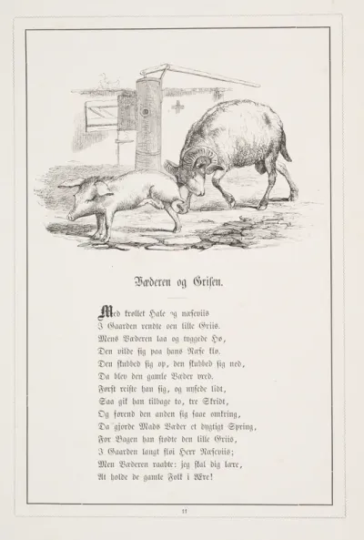 Vædderen og Grisen. Illustration til H.V. Kaalund, "Fabler for Børn"