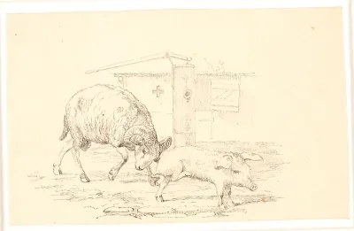 Væderen og grisen. Illustration til Kaalunds "Fabler for Børn". Se kommentar fra arkkatalog.