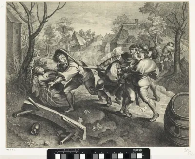 Vechtende boeren na een kaartspel