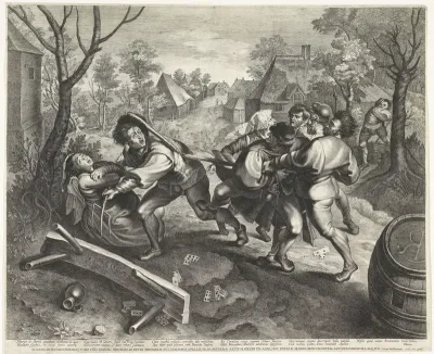 Vechtende boeren na een kaartspel